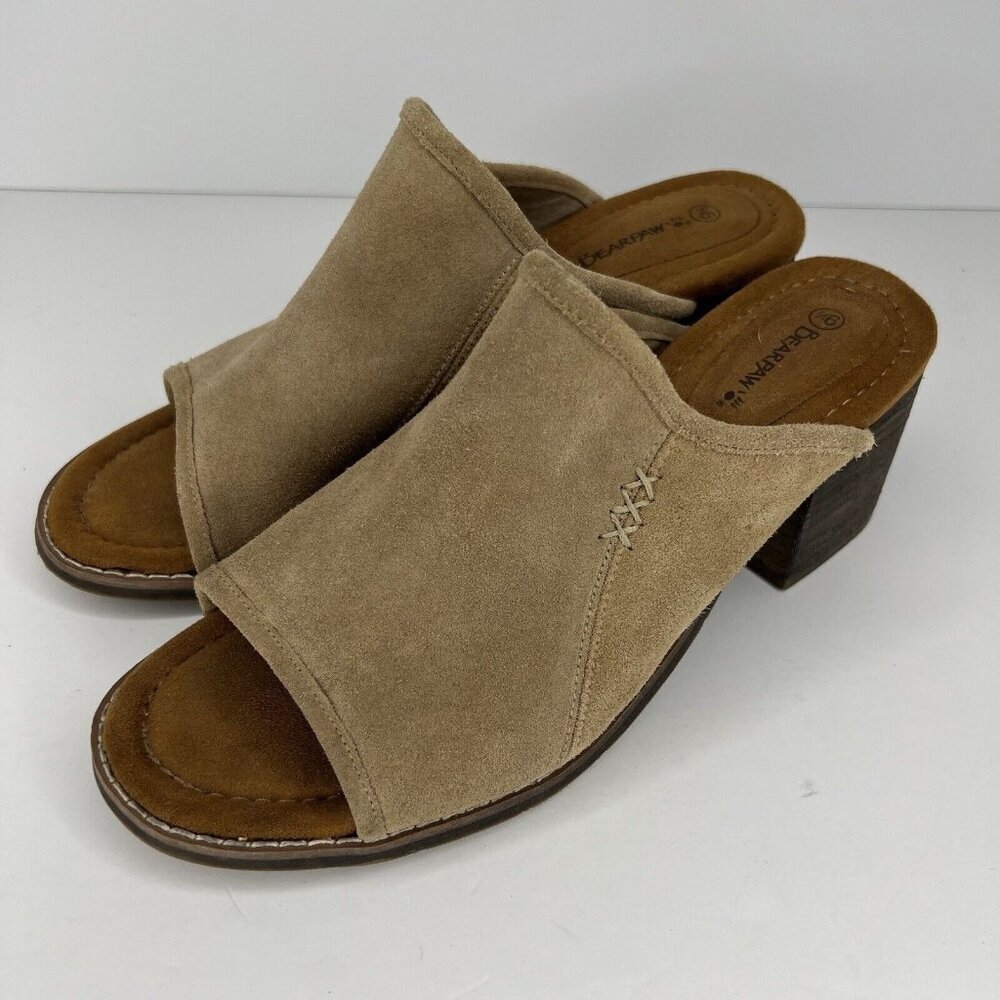 Bearpaw Edina Sandy Beige Suede Block Heel Womens Size 9.5 Mule Sandals